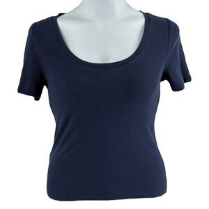 LOFT Navy Ribbed Scoop‎ Neck Tee Womens L Short Sleeve Cotton Blend Basics